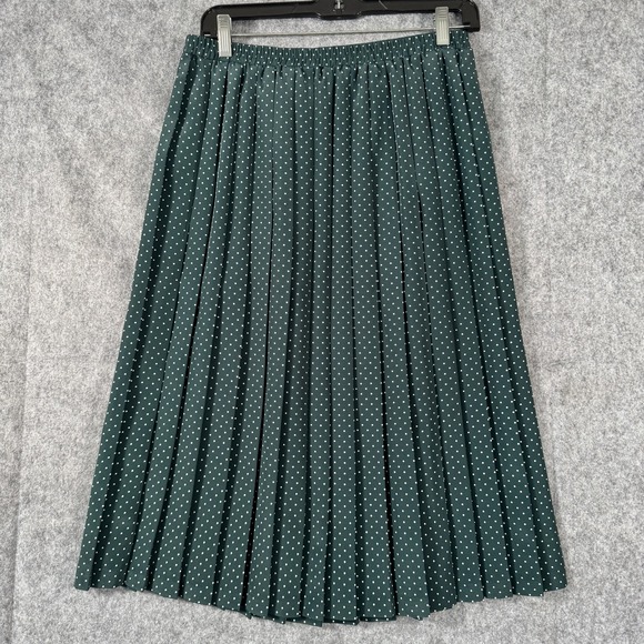 VTG Pleated Midi Skirt‎ Womens 14P Green Polka Dot Petite Pockets Retro School - Picture 1 of 11